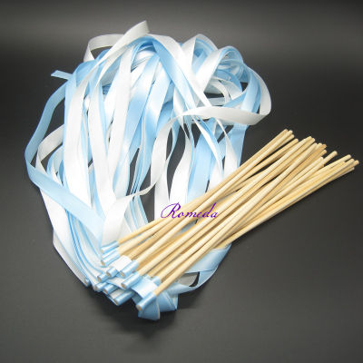 Newest 50pcslot White and Light Blue Wedding Ribbon Wands Without Bell For Wedding Decoration