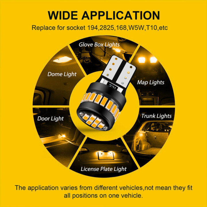 2023new194หลอดไฟไฟ-led-t10-168-w5w-2825อำพัน12v-3000k-500lm-ชิปเซ็ต3014-24-smd-สำหรับเปลี่ยนหลอดไฟ-led-แพ็คละ10ชิ้น