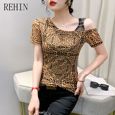 REHIN เสื้อตาข่ายผู้หญิง,เสื้อยืดแขนแขนสั้นคอกลมสลิมลายเสือดาวพิมพ์ลายปกติสำหรับฤดูร้อน