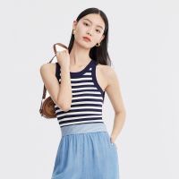 Disennis French Halter Top 2023 Summer New Casual Round Neck Navy Style Striped Knitted Vest For Women