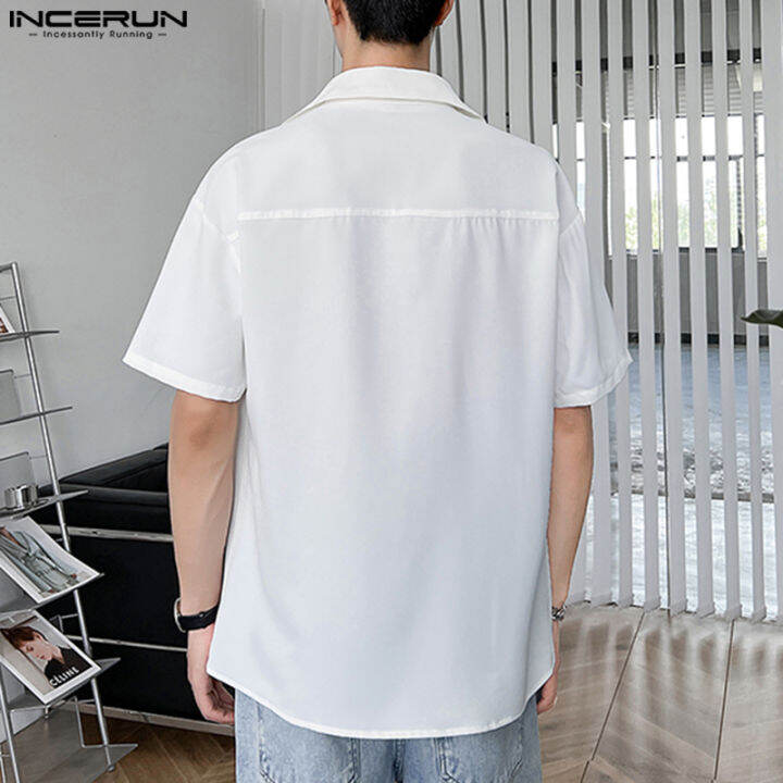 incerun-เสื้อเบลาส์คอปกสำหรับใส่ในวันหยุดเสื้อติดกระดุมหลวมๆของผู้ชายแขนสั้น