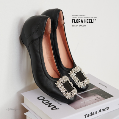 รองเท้าหนังแกะ รุ่น Flora heel 1" Black color (สีดำ)