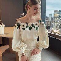 COD dhdfxcz New Women Panel Satin Embroidery Blouse Anti Permeability Gauze Splicing O-Neck Long Sleeve Loose Casual Lady Tops