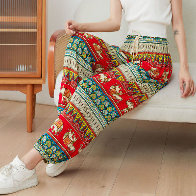 กางเกง Summer Floral Thai Elephant Pants Bohemia Large Size Womens Blooming Pants Printed and Dyeing Thai Ethnic Style Pants