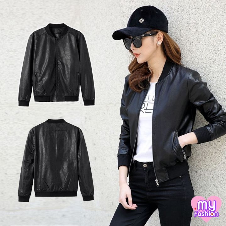 myf-มาใหม่-เสื้อแจ็คเก็ตหนังสีดำ-แขนยาว-มีซิปและกระเป๋าหน้า