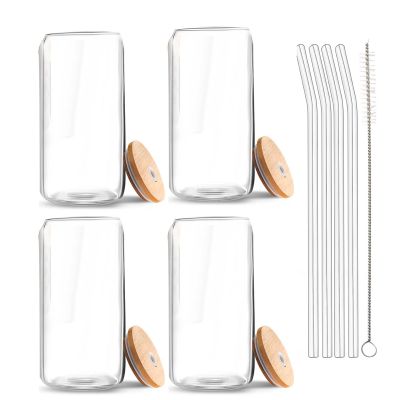 Beer Can Glass with Bamboo Lids and Glass Straws,4 Pack 16Oz Drinking Glasses with Lids and Straws,Can Shaped Glass Cups