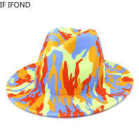 สีสัน Graffiti ผู้หญิงปีกกว้าง Felt Fedora หมวกสไตล์อังกฤษ Warm Wool Top Jazz หมวกแฟชั่นงานแต่งงาน Hat