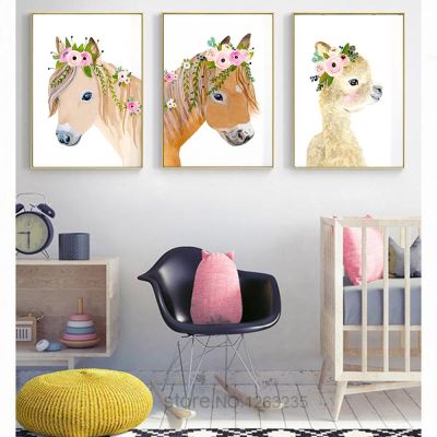 ภาพวาดผ้าใบโพนี่ดอกไม้น่ารักสำหรับตกแต่งห้องนอนของเด็กผู้หญิง-Llama และโปสเตอร์และภาพพิมพ์ม้า-Nursery Wall Art