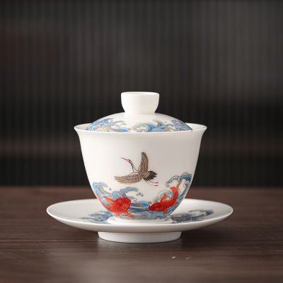 Suet หยก Crane เซรามิคจีน Gaiwan สำหรับชา Tureen Cloud Teaware ถ้วยปลาจีนชามชา Vintage Chawan ชา Ceramony ชุด