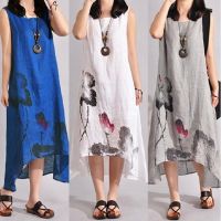 COD DSTGRTYTRUYUY Women Summer Sleeveless Floral Print Loose Maxi Dress Cotton Linen