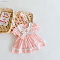 2023 New Summer Infant Girl Clothes Short-sleeved Princess Bow Lace Doll Collar Pink Jumpsuit Dress Baby Girl Outfits Bodysuit