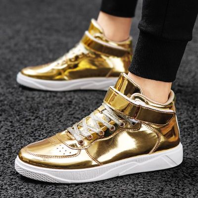 Fashion Golden Mens Mirror Shoes Couple Glitter Leather Men High Sneakers Large Size 48 Casual Sneakers Men Flats basket homme