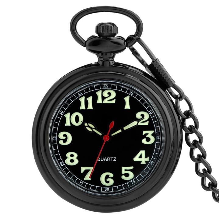 ของขวัญนาฬิกาควอตซ์ตัวเลขอารบิกเรืองแสงเรืองแสงกลางคืนหรูหรานาฬิกาพกควอตซ์เรืองแสง-ดำ-เครื่องประดับโซ่เงิน