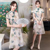 Fashion Modern Chinese Cheongsam A-line Dress Women Short Sleeve Qipao Traditional Chinese Clothes