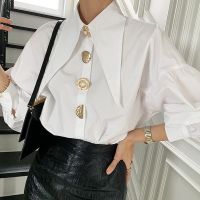 QWEEK Comfort Womens Shirts Sharp Corner Lapel Fashion Lady Blouses Korean Style White All-match Long-sleeved Tops 2022 Autumn