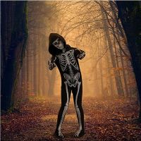 Halloween Skeleton Costume Jumpsuit with Front and Back Skeleton Bone Print for Kid