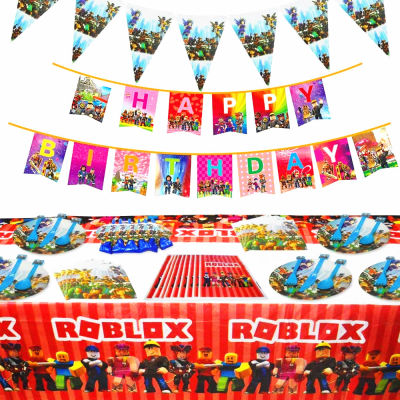 Robloxs หุ่นยนต์ Theme ชุดอุปกรณ์บนโต๊ะอาหารกระดาษตกแต่งถ้วยฟางบัตรเค้กวันเกิด Party อุปกรณ์ตกแต่งบ้าน Baby Shower วันเกิดของขวัญเด็ก