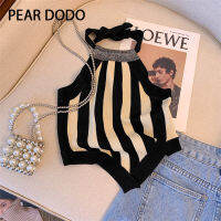 PEAR DODO เสื้อกั๊กลายเกาหลีสำหรับผู้หญิงที่มีสายคล้องไหล่สั้นถักคอ