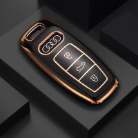 TPU Car Remote Key Case Full Cover For Audi A6 A7 A8 E-tron Q5 Q8 C8 D5 Golden Edge Keyless Holder Fob Keychain Accessories Key Chains