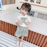 baby girl short sleeve suitชุดเด็กผู้หญิงแขนสั้นขาสั้นกางเกงขาสั้นลายสก๊อตเสื้อด้านบนโบว์ โบว์1~2~3ปี