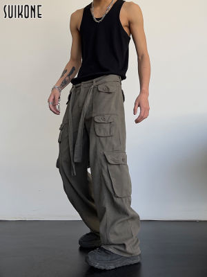 Suikone ผู้ชายย้อนยุคสบายๆกระเป๋าขนาดใหญ่กางเกงคาร์โก้เอวสูงหลวมตรงแขวนกางเกงขากว้างผู้ชายกางเกงคาร์โก้