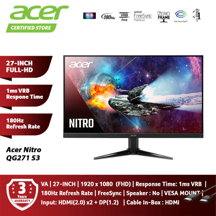 Acer Nitro QG271 S3 27-Inch FHD 180Hz Gaming Monitor UM.HQ1SM.301 | Lazada