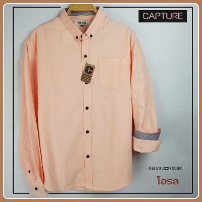 Capture Shirt เสื้อเชิ้ตผู้ชาย แขนยาว คอปก สีโอรส มีถึงอก 48 นิ้ว