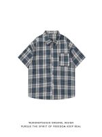 Retro Japanese plaid short-sleeved shirt men and women summer street loose casual half-sleeved casual shirt 【BYUE】