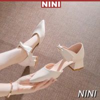 COD DSFGRTUTYIII 【NINI】Korean Bow Pointed Closed Toe Women Shoes High Heels female students Chunky Heel Sexy Fashion