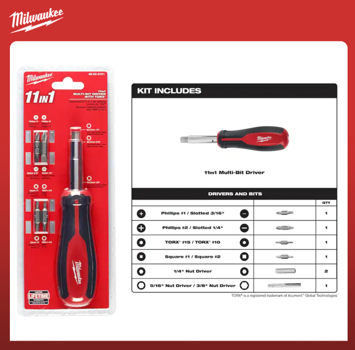 Milwaukee Heavy Duty 11 in 1 Multibit Driver With Torx (Phillips 1