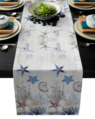 2021Ocean Starfish Shell Gray Modern Table Runner For Wedding Party Chirstmas Cake Floral Tablecloth Decoration