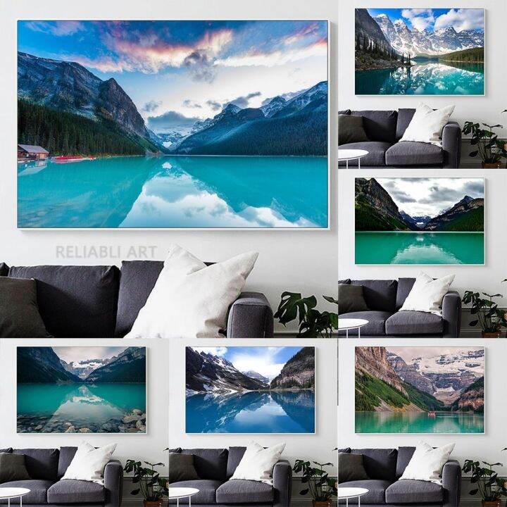 modern-sunset-lake-louise-rocky-mountains-ภาพวาดผ้าใบ-wall-art-ภูมิทัศน์ภาพผนังธรรมชาติโปสเตอร์สำหรับตกแต่งห้องนั่งเล่น