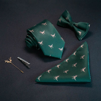 8 cm Red Mens Silk Tie Handkerchief Bow Tie Set Jacquard Weaving Necktie Dinosaur Fox Plane Dog Birthday Gift Wedding Party