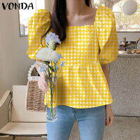 VONDA สตรีกระโปรงหน้าร้อนสั้นเสื้อทีเชิ้ตทูนิคแบบมีแขนเสื้อยืดท็อปแบบตัวสั้นเที่ยวกลางคืนลายหมากรุก Tee (เกาหลี) [ขาย]