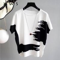 2 Summer Women Sweater Pullover Thin Rib Knitted Pull Femme Tops Patchwork O Neck Knitwear Jumper Short Sleeve Sueters De Mujer