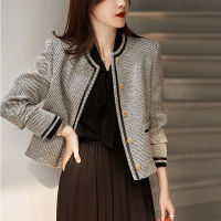 เสื้อผู้หญิงสไตล์ฝรั่งเศสกลิ่นหอมขนาดเล็ก Stripe Jacket สั้นกลมคอ Tweed แฟชั่นอเนกประสงค์ Patchwork Top เสื้อแจ็คเก็ตลำลอง