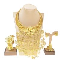 【lz】▨▣  Luxo ba banhado a ouro conjunto de jóias para mulheres colar flores pingente brincos nigeriano casamento alta qualidade