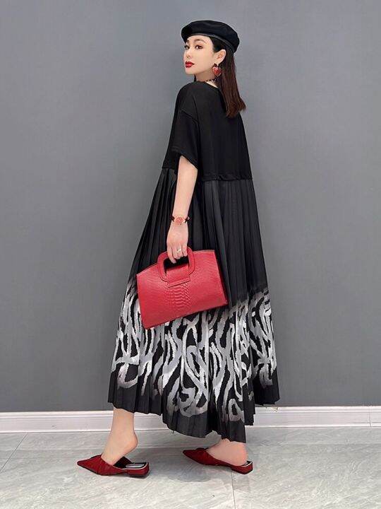 xitao-dress-loose-short-sleeve-pleated-print-dress