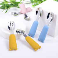 New Design Baby Feeding Solid Food Spoon Fork Set BPA Free Silicone Handle Cartoon Bear Stainless Utensil Childrens Tableware Bowl Fork Spoon Sets