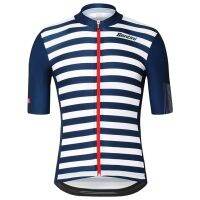 Santini BlueWhite Stripeเสื้อแขนสั้นระบายอากาศMTBเสื้อเจอร์ซีย์นักปั่นสำหรับชาย