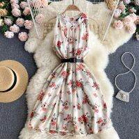 HOT!™✺✼ lmx529 Chiffon Floral Dress Women Korean Sleeveless Short High Waist Halter Mini Dresses