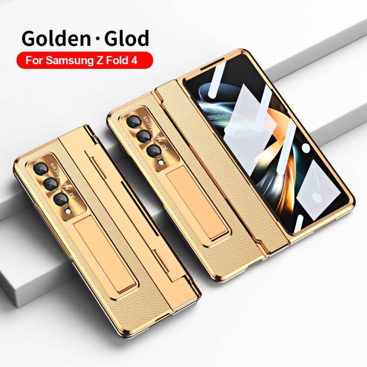 z-fold-4-fold-3เคสปรับระดับบานพับ-capa-สำหรับ-galaxy-z-fold-4-3-5g-เคสชุบฝาปิดหนังตั้งเป็นฐานได้ด้วยกระจกหน้า