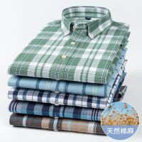 Spring and autumn cotton and linen plaid shirts for men casual business long-sleeved thin mens tops simple and versatile shirts for young and middle-aged people 【SSY】