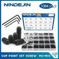 NINDEJIN ถ้วยชุดสกรู M2-M10เหล็กคาร์บอนดำ Headless Hexagon Socket Grub Screw เว้า End เครื่องสกรู DIN916