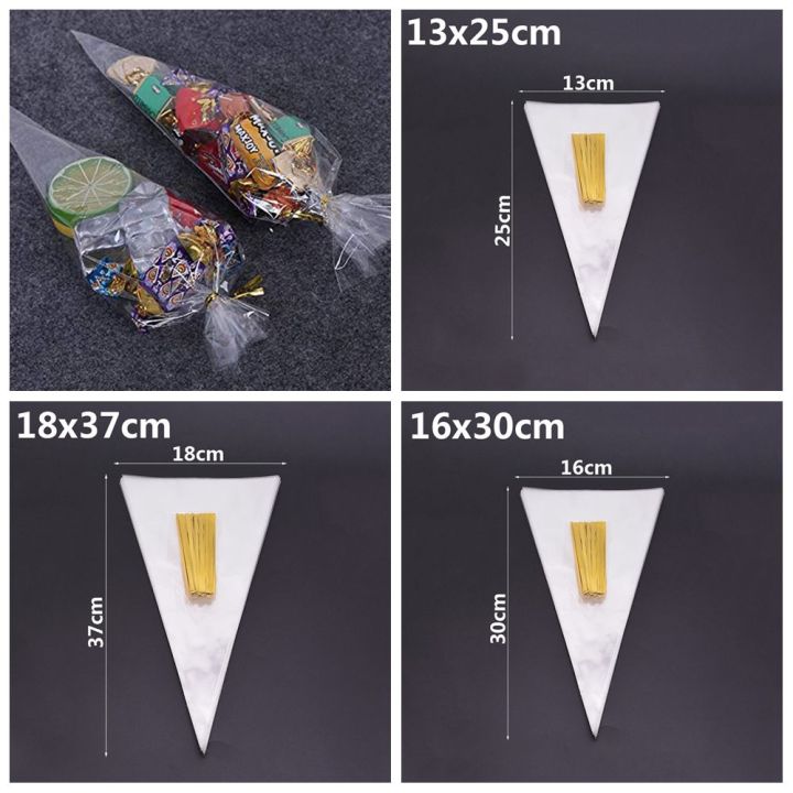 bqgbg63511-50ชิ้นแฟชั่นสำหรับงานปาร์ตี้กระเป๋ากระดาษแก้วแบบใสทรงกรวยซีลถุงใสถุงขนมขบเคี้ยวกระเป๋าลูกกวาดพลาสติก