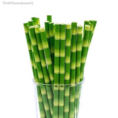 ❈☇ 25pcs/lot Green Bamboo Paper Straws Happy Birthday Wedding Decorative Event Tropical Party Supplies Drinking Straw