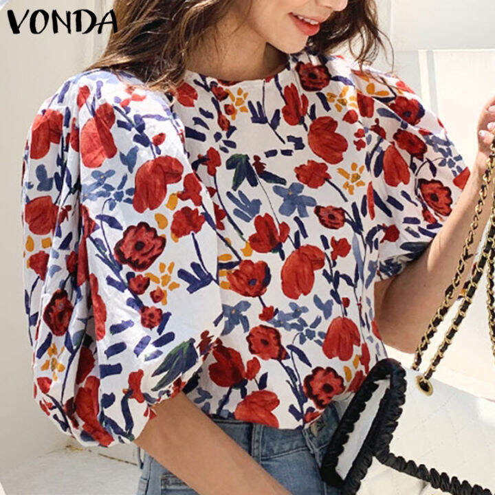 จัดส่งฟรี-fancystyle-vonda-เสื้อยืดพิมพ์ลายคอกลมลายดอกไม้ชายหาดวันหยุดผู้หญิงเสื้อปลายแขนบานวินเทจโบฮีเมียน