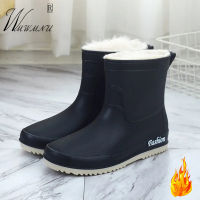 สีดำบวกกำมะหยี่อบอุ่น RainBoots แฟชั่นลื่นแพลตฟอร์มสวมทนรองเท้าทำงานพีวีซีกันน้ำใบบนรองเท้ายางกลาง ~