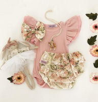 2Pcs ชุดเด็กทารกฤดูร้อนชุดทารกแรกเกิด Ruffle Romper Top Bloomer กางเกงขาสั้นดอกไม้ Headband Clothes