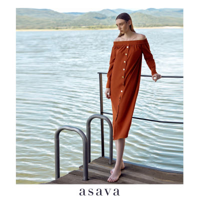 [asava aw21] Rachel Off-the-shoulder Dress เดรส เปิดไหล่ แขนยาว แต่งกระดุมหน้า